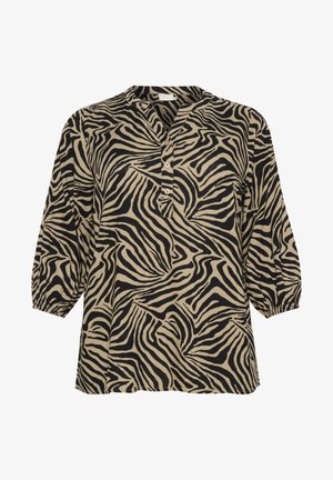 Ruskea ja musta seeprahiiroinen pusero, jossa on V-kaula-aukko ja kolme neljännestä hihaa. Sisältää napin koristelut ja rento istuvuus. Valmistettu kevyestä kankaasta.