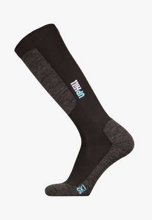 Schwarze Skisocke mit grauen Akzenten; verstärkte Zehen- und Fersenbereiche. "UP HILL" und "SKI" in hellblau auf der Seite aufgedruckt.