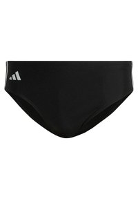 Slip de bain noir avec une texture lisse, taille élastique et logo à trois rayures blanches sur le côté gauche. Design de coupe standard.