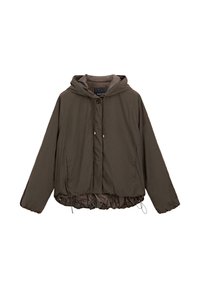 Braune Kapuzenjacke mit langen Ärmeln, Kordelzug am Saum und Knopfleiste, auf weißem Hintergrund dargestellt.