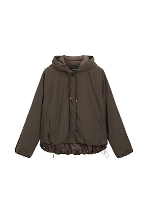 Bruine hoodie met lange mouwen, aantrekkoord aan de zoom en knoopsluiting, getoond op een witte achtergrond.