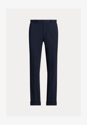 Pantalones de corte entallado en azul marino con una textura suave, que cuentan con un cinturón en la cintura, pliegues y dobladillos con puños para un ajuste estructurado.