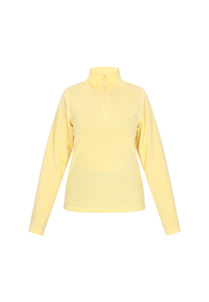 Gul fleece langærmet trøje med høj krave og halv lynlås. Blød tekstur og tætsiddende design, ideel til lag-på-lag eller afslappet brug.