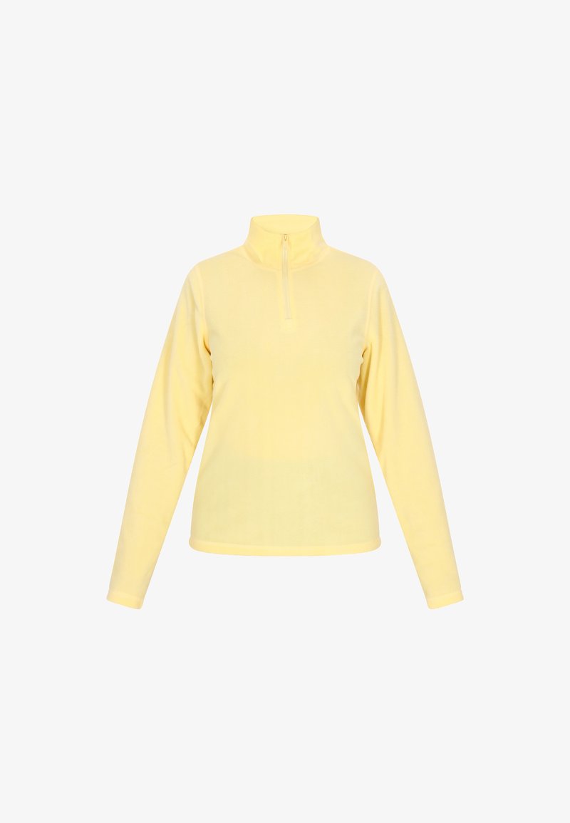 Gul fleece långärmad topp med hög krage och halva dragkedjan. Mjuk textur och figurnära design, perfekt för lager-på-lager eller avslappnad stil.