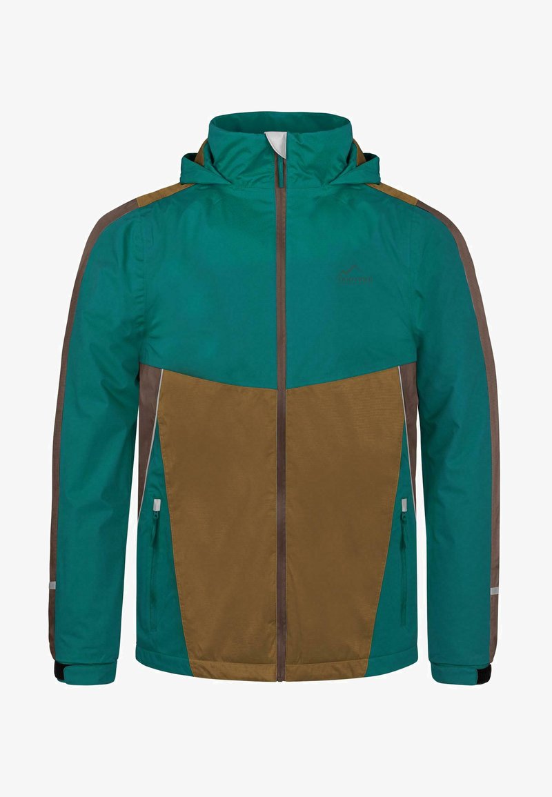 Kapuzenshirt in Türkis und Braun. Verfügt über Reißverschluss-Taschen, kontrastierende Farbkombinationen und verstellbare Bündchen. Hergestellt aus leichtem, wasserabweisendem Material.