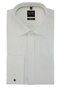 Witte lange mouwen dress shirt, slim fit ontwerp, met een klassieke kraag, knoopsluiting en enkele manchetten met een zwarte knoopaccent.