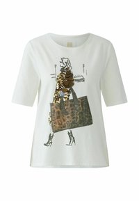 Witte T-shirt met korte mouwen, voorzien van een grafisch ontwerp van een figuur met een tas met luipaardprint en paillettenaccenten. Ronde halslijn en een relaxte pasvorm.