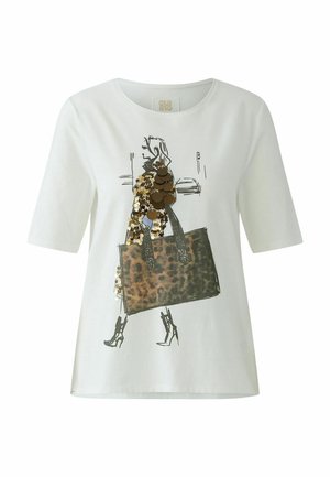 Witte T-shirt met korte mouwen, voorzien van een grafisch ontwerp van een figuur met een tas met luipaardprint en paillettenaccenten. Ronde halslijn en een relaxte pasvorm.