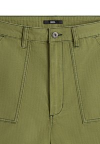 Olive green pants in a durable fabric with a straight cut, featuring a metal button, front pockets, and contrasting stitching details.