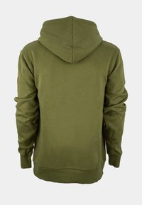 Felpa con cappuccio verde oliva dal tessuto liscio, dotata di tasca a marsupio, polsini a coste e una patch con il logo sul maniche sinistro.