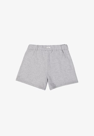 Graue Shorts aus weichem Material, mit einem Streifenmuster, elastischem Bund und geradem Bein. Keine Taschen oder Verzierungen.
