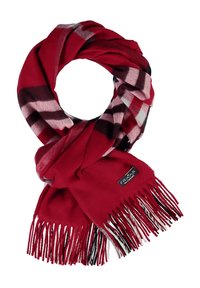 Écharpe rouge présentant un motif à carreaux en nuances de noir et blanc, avec des bords frangés et une étiquette portant l'inscription "FRAS". Fabriquée en matériau doux.