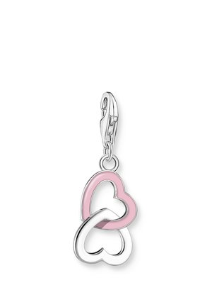 Silver clasp with two interlocked open heart-shaped charms, one pink and one silver, hanging from a loop.