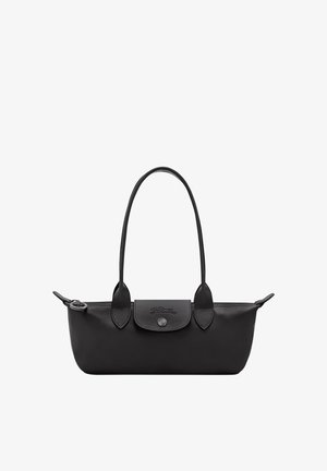 Schwarze Leder-Schultertasche mit schlanken Griffen, Frontklappe mit Knopfverschluss und geprägt Pferdelogo auf der Frontklappe.