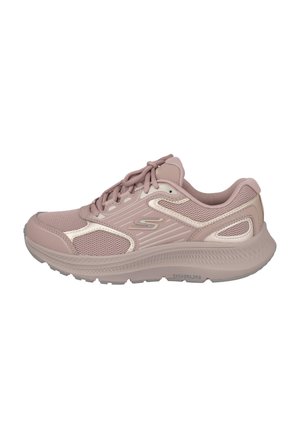Zapatilla de running Skechers rosa claro con paneles de malla, cierre con cordones, suela acolchada y logotipo "S" en el lateral.