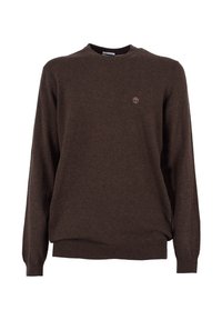 Maglione marrone realizzato in tessuto texturizzato, con collo a giro e maniche lunghe. Piccolo logo posizionato sul petto. Vestibilità classica.