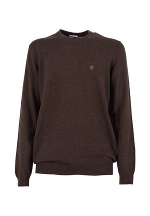 Maglione marrone realizzato in tessuto texturizzato, con collo a giro e maniche lunghe. Piccolo logo posizionato sul petto. Vestibilità classica.