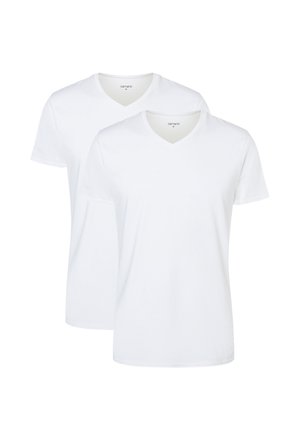 T-shirts en coton blanc à col en V, vendus par pack de deux. Manches courtes, texture lisse, coupe classique, avec un design simple et sans embellissement.