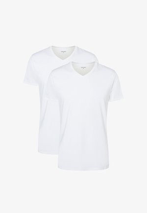 Weiße Baumwoll-V-Ausschnitt-T-Shirts im Doppelpack. Kurze Ärmel, glatte Textur, klassische Passform, mit einem einfachen, schmucklosen Design.