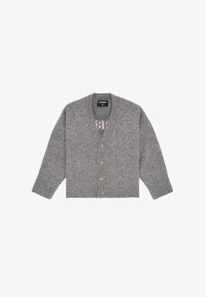 Grijze gebreide cardigan met V-hals, knopen aan de voorkant en ribgebreide manchetten. Zachte textuur en cropped ontwerp, met een subtiel patroon aan de binnenkant.