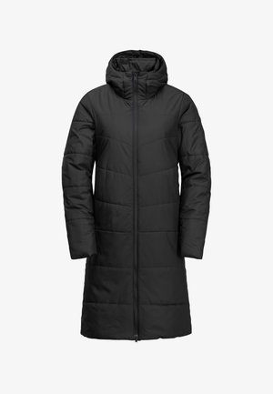 Zwarte lange pufferjas met een capuchon, voorzien van een volledige rits aan de voorkant, gestikte designt en lange mouwen. Gladde buitenstof.