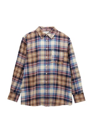 Flannel shirt in brown, blue, and cream plaid. Features a button-up front, collar, long sleeves, and single chest pocket. Soft texture.