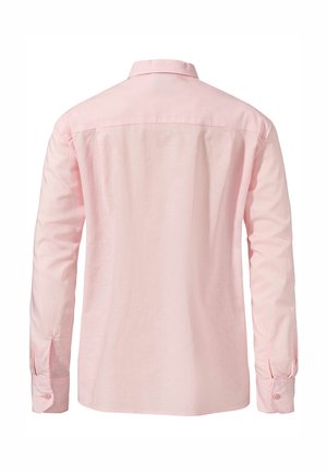 Helles rosa Langarmhemd mit Button-Down-Kragen, Rückenteilverstärkung und geknöpften Manschetten. Hergestellt aus einem glatten, leichten Stoff.