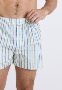 Pantaloni boxer con un motivo a quadri multicolore in blu, giallo e verde. Realizzati in tessuto leggero con una cintura elastica.