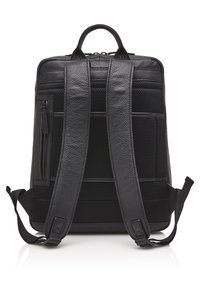 Zaino in pelle nera con un'esterno testurizzato, spallacci in mesh imbottiti, maniglia superiore e molteplici tasche con zip per la conservazione.