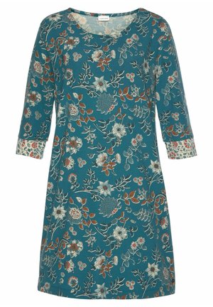 Teal floral dress with three-quarter sleeves, featuring a V-neck and intricate flower and leaf patterns in red, white, and blue tones.
