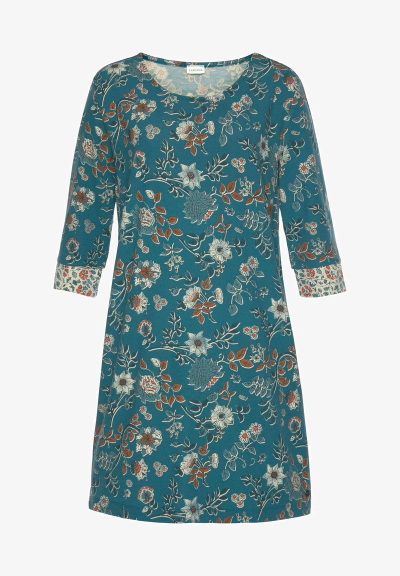 Teal floral dress with three-quarter sleeves, featuring a V-neck and intricate flower and leaf patterns in red, white, and blue tones.