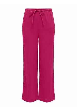 Magentanväriset leveälahkeiset housut, joissa on kiristysnauha vyötäröllä ja tekstuuripintainen kangas, suunniteltu rentoon käyttöön.