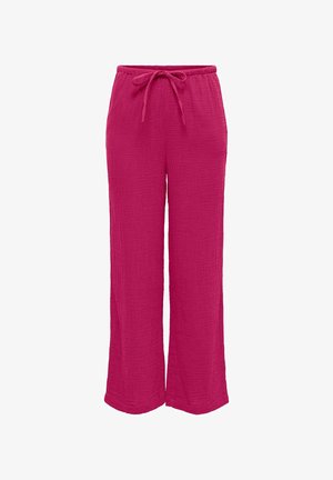 Pantalon magenta à jambes larges avec taille à cordon et tissu texturé, conçu pour un usage décontracté.