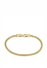 Pulsera de malla de oro con un diseño tejido y texturizado. Presenta un cierre seguro y extremos lisos, destacando una estética minimalista y moderna.