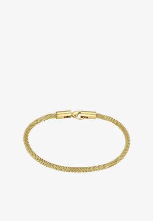 Guldnet-armbånd med et tekstureret, vævet design. Har en sikker lås og glatte ender, der fremhæver en minimalistisk og moderne æstetik.