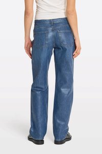 Blue denim jeans with a relaxed fit, straight legs, and two back pockets. Features a classic five-pocket design and minimal detailing.