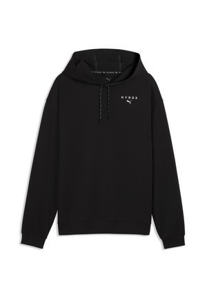 Musta huppari nyöreillä, jossa valkoinen "HYROX" ja Puma-logo vasemmassa rinnassa, aseteltu litteänä valkoiselle taustalle.