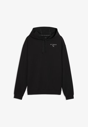 Sweat à capuche noir avec cordons, orné d’un "HYROX" blanc et du logo Puma sur la poitrine gauche, posé à plat sur un fond blanc.