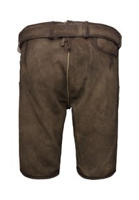 Brown leather shorts featuring a smooth texture, a belt with loops, and side pockets. Includes a zipper detail at the front.
