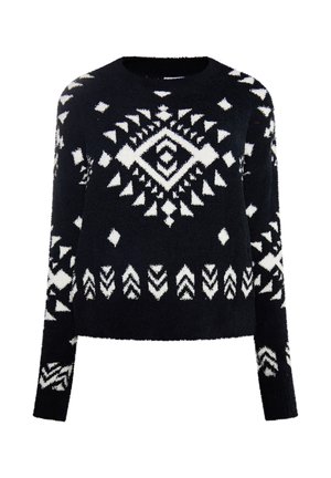 Pulover s črno-belo oblikovano tkanino z geometrijskimi vzorci, dolgimi rokavi in okroglo ovratnikom, izdelan iz mehkega, strukturiranega blaga.