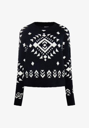 Melnbalts džemperis ar ģeometriskiem rakstiem, ar garām piedurknēm un apaļu kakla izgriezumu, izgatavots no mīksta, teksturēta auduma.