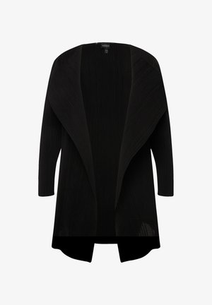 Czarny kardigan otwarty z przodu, wykonany z teksturowanej tkaniny z pionowymi fałdami, długimi rękawami i luźnym krojem. Brak widocznych zapięć.