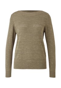 Pull en tricot vert olive avec manches longues, encolure ronde et rayures texturées avec des détails en ajouré sur toute la surface.