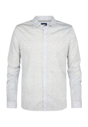 Camisa de manga larga blanca con un patrón floral en azul claro, botonadura frontal, cuello y puños. Fabricada con una tela suave y con un corte holgado.