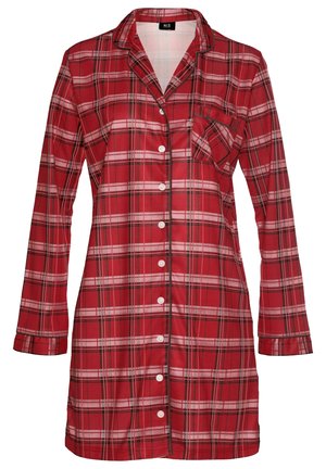 Rotes karierter Langarm-Pyjama-Oberteil mit einer durchgehenden Knopfleiste, Brusttasche und schwarzer Paspelierung am Kragen und der Knopfleiste.