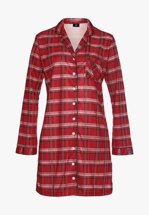 Red plaid long-sleeve pajama shirt with a button-down front, chest pocket, and black piping along the collar and placket.