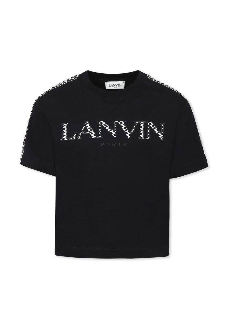 T-shirt nera a maniche corte con logo bianco "LANVIN PARIS" e un accento a zigzag sulle spalle, realizzata in cotone.