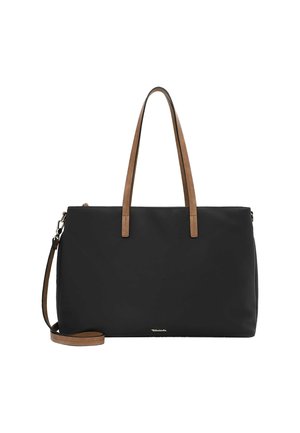 Black tote bag with dual brown leather handles and a detachable shoulder strap, featuring a smooth, matte finish and zipper closure.