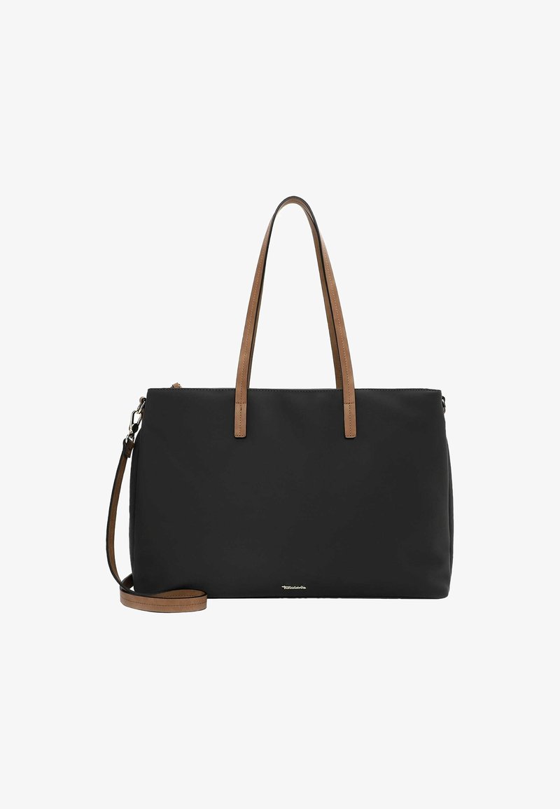 Borsa tote nera con doppi manici in pelle marrone e una tracolla staccabile, caratterizzata da una finitura liscia e opaca e chiusura con zip.