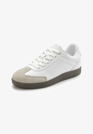 White lace-up sneaker with beige suede toe cap and gray rubber sole, featuring "ELBSAND" branding on the side.